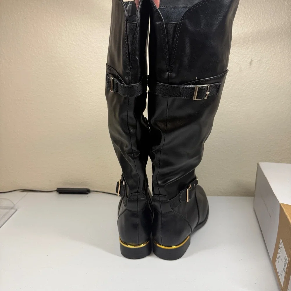 Call It Spring Black Faux Leather Knee High Boots Women's Size‎ 8.5 Gold Buckle